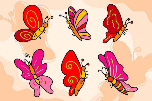 無料ベクター 手描きの蝶のアウトラインセット
