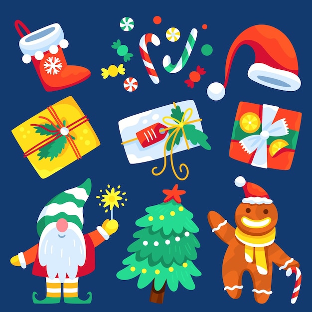 Бесплатное векторное изображение Коллекция рисованной плоских рождественских элементов