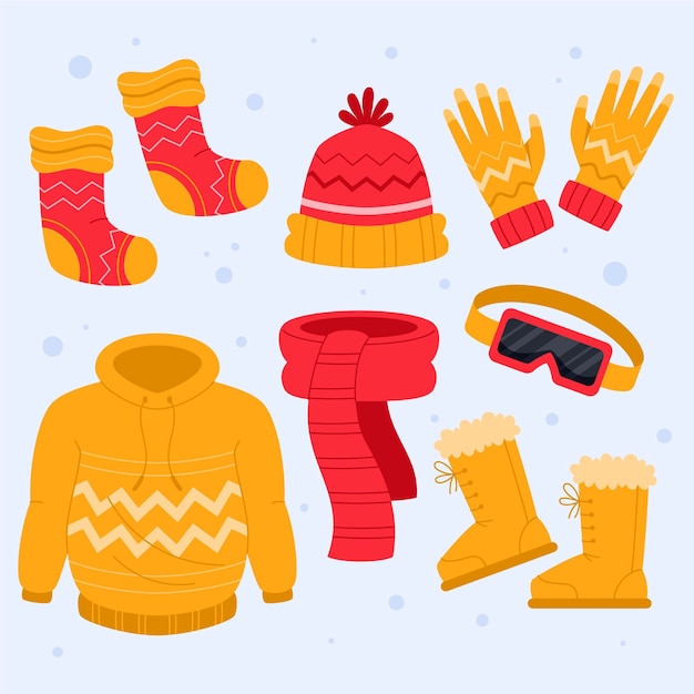 Бесплатное векторное изображение Коллекция рисованной плоской зимней одежды и предметов первой необходимости