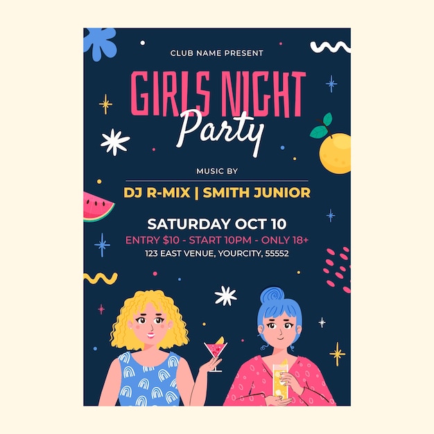 Бесплатное векторное изображение Нарисованный рукой плакат ночной вечеринки для девочек