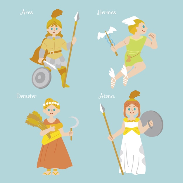 Бесплатное векторное изображение Коллекция персонажей греческой мифологии, нарисованная вручную