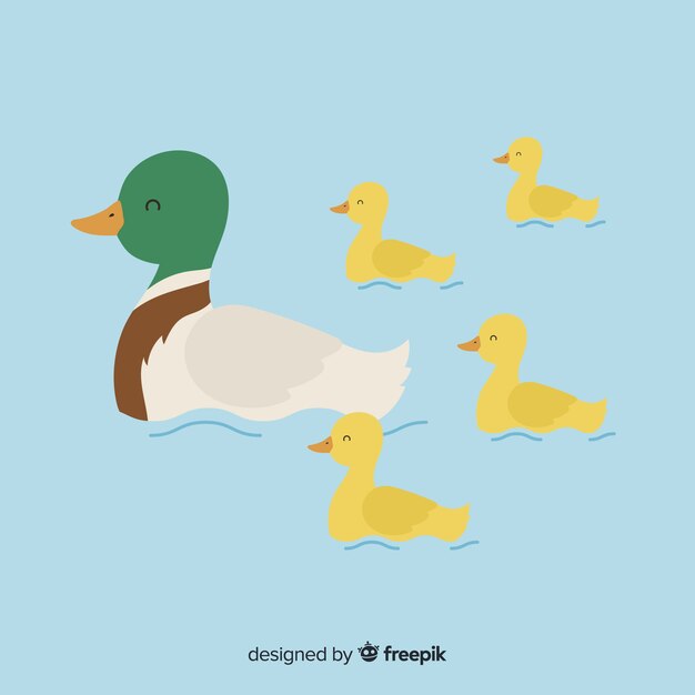Hand drawn mother duck and ducklings in the water