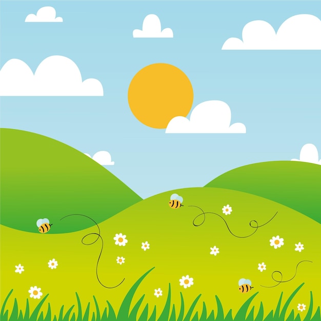 Бесплатное векторное изображение Ручной обращается весенний пейзаж с пчелами и солнцем