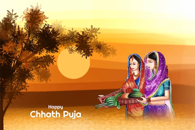 Free vector happy chhath puja holiday card for sun festival of india landscape design