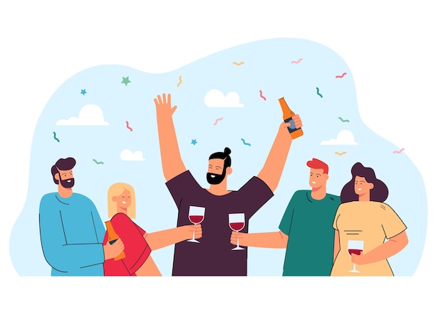 Бесплатное векторное изображение Счастливые друзья пьют вино или пиво вместе плоская иллюстрация