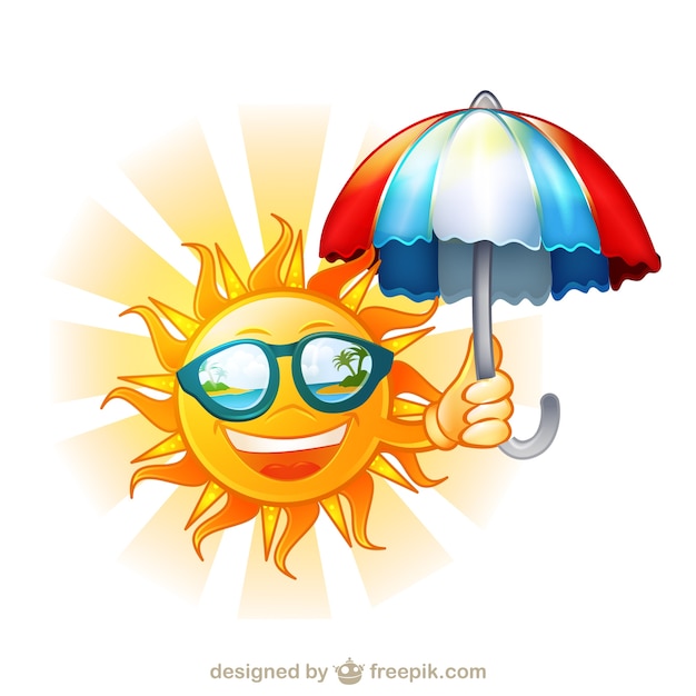 Бесплатное векторное изображение Радостных лучах солнца с солнцезащитные очки и зонтик иллюстрации мультфильм