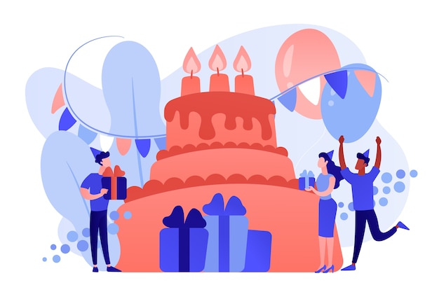 Бесплатное векторное изображение Счастливые люди с подарками празднуют день рождения на огромном торте. принадлежности для дня рождения, приглашения на день рождения, концепция планирования дня рождения. розовый коралловый синий вектор изолированных иллюстрация