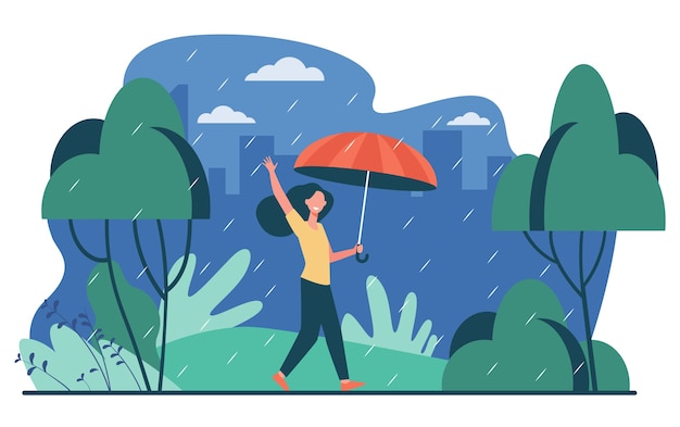 Free vector happy woman walking in rainy day with umbrella isolated flat vector illustration. cartoon female character being outdoors and autumn rain. landscape and weather concept