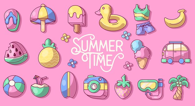 Hello Summer collection Vector illustration of colorful funny doodle summer symbols such as flamingo ice cream palm tree sunglasses cactus surfboard pineapple and watermelon
