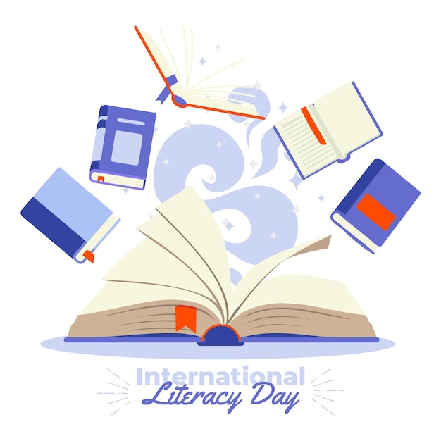 Бесплатное векторное изображение Международный день грамотности с большим количеством книг