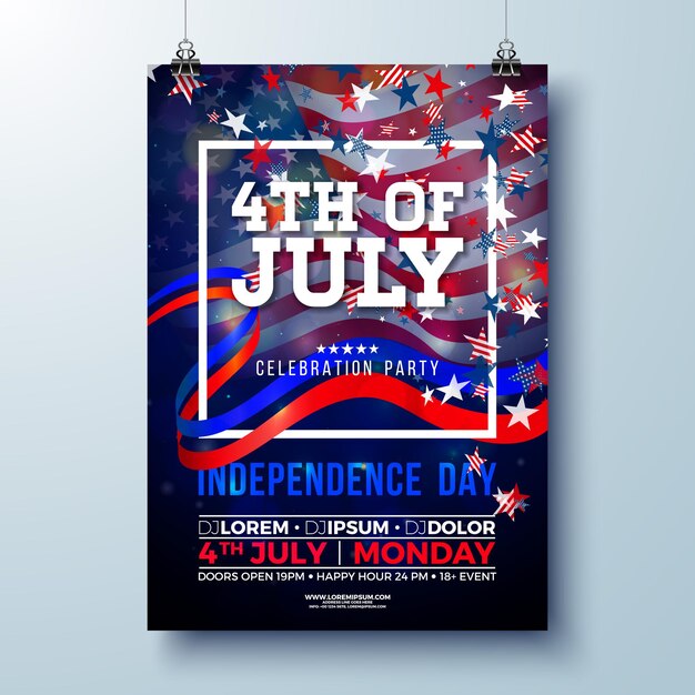 Independence Day of the USA Party Flyer Design with American Flag and Ribbon Fourth of July Design