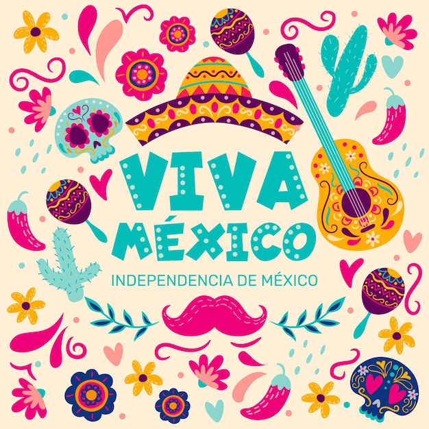 Free vector independencia de méxico hand drawn background with musical instruments