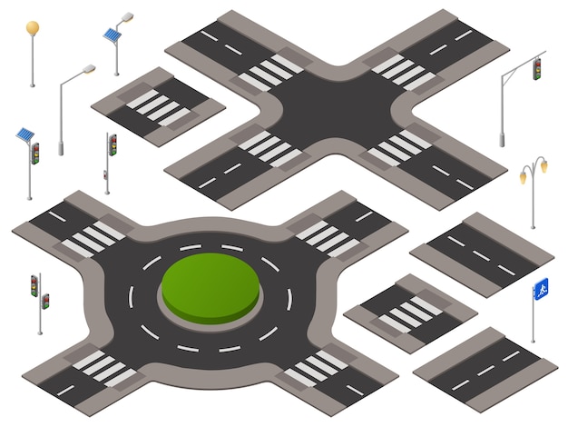 Free vector isometric crossroads set. 3d highway transportation infrastructure, urban landscape