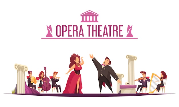 Бесплатное векторное изображение Премьера оперного театра плоского мультфильма с участием двух исполнителей арии и музыкантов на сцене