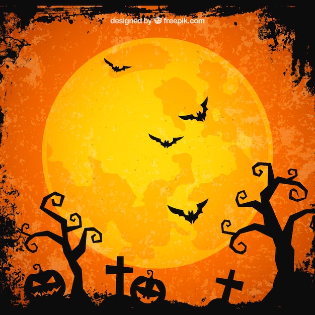Бесплатное векторное изображение Оранжевый лунный фон и кладбище с тыквами