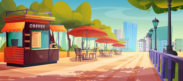 Free vector outdoor street cafe in city park square vector cartoon illustration outside awning cafeteria with table chair and orange umbrella on garden area cityscape landscape with open air booth for coffee