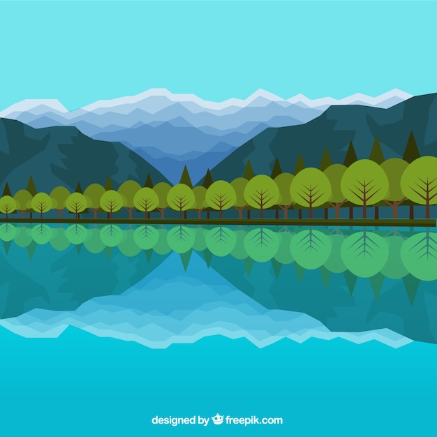 Free vector lake with trees reflected in flat style
