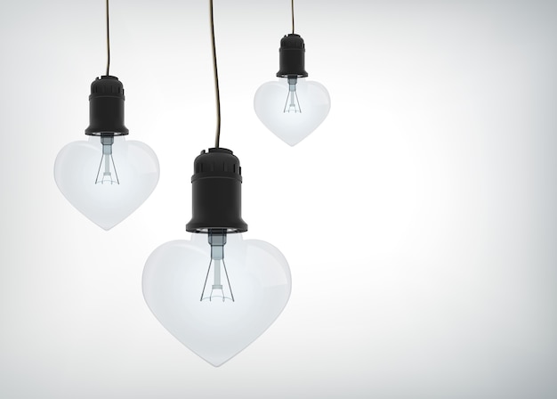 Легкая любовная концепция дизайна с реалистичными электрическими лампочками в форме сердца, висящими на изолированных проводах