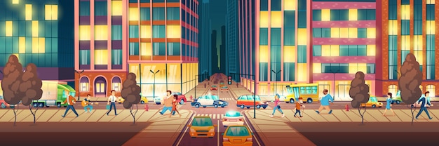 Free vector modern metropolis street at evening time cartoon