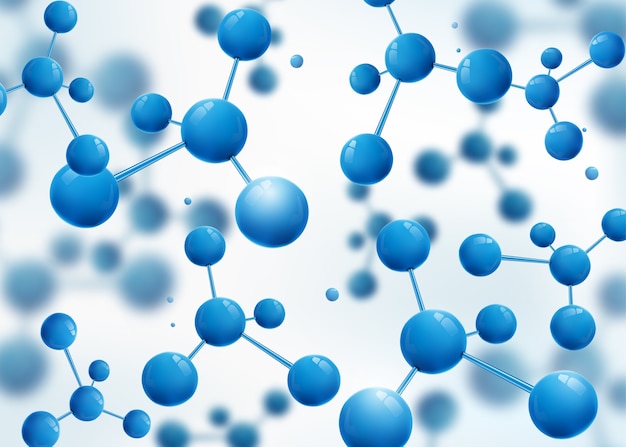 Free vector molecule design background. atoms. 3d molecular structure with blue connected spherical particles.