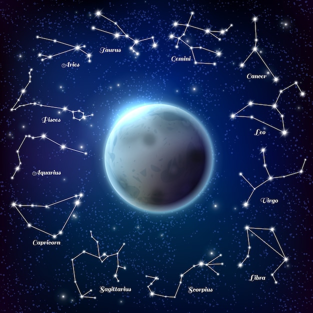 Free vector moon and zodiac constellations realistic illustration