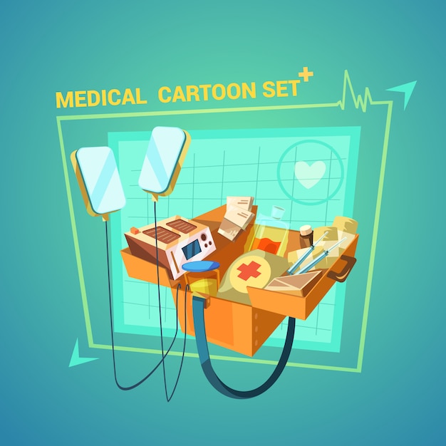 Бесплатное векторное изображение Медицинский мультфильм с символами лечения сердца и травмы