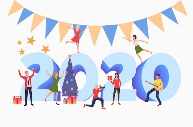 Бесплатное векторное изображение Мужчины и женщины устраивают вечеринку «новый год 2020»