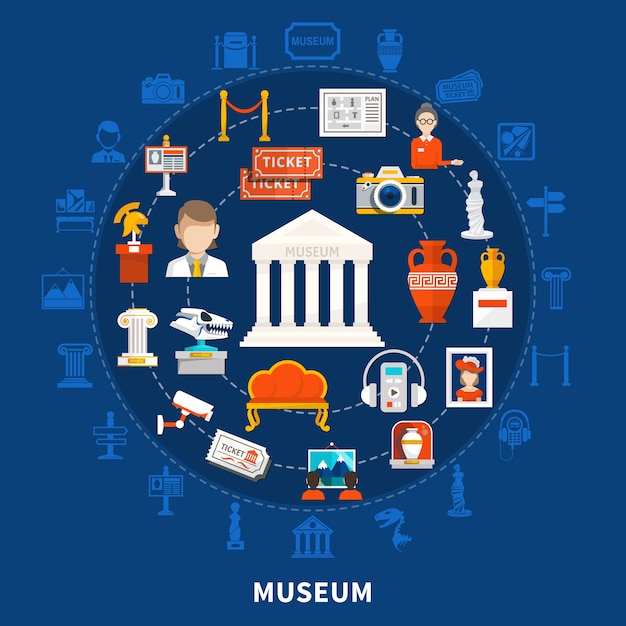 Бесплатное векторное изображение Музей синий фон с цветными значками в круглом дизайне, включая палеонтологические археологические исторические артефакты и предметы искусства.