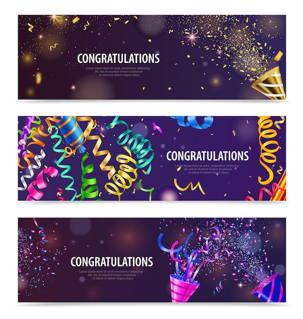 Бесплатное векторное изображение Ночная вечеринка торжества поппер серпантин конфетти горизонтальное поздравление шаблон заголовка