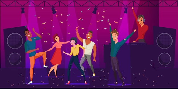 Бесплатное векторное изображение Иллюстрация дискотеки в ночном клубе группа молодых людей танцует диджейское выступление на сцене