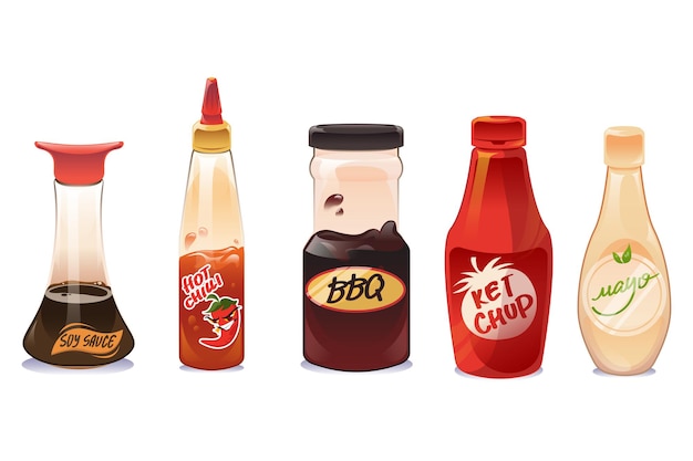 Бесплатное векторное изображение Соевый соус, кетчуп и майонез в бутылках
