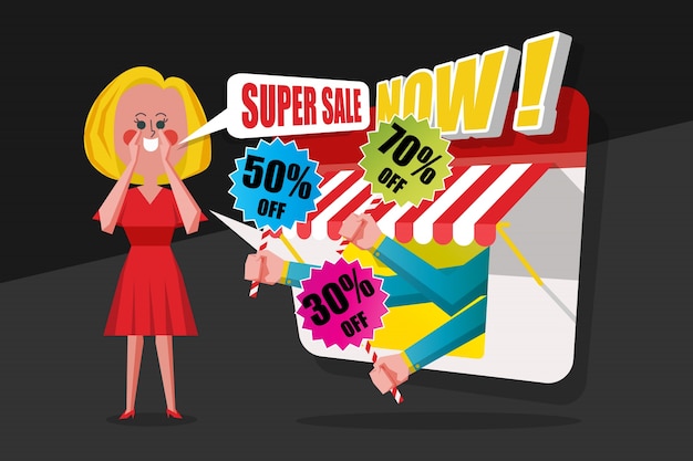 Бесплатное векторное изображение Концепция продажи и покупки, женщины молятся красным платьем, кричащим клиентам, чтобы купить в магазине, дизайн стиля мультяшного персонажа