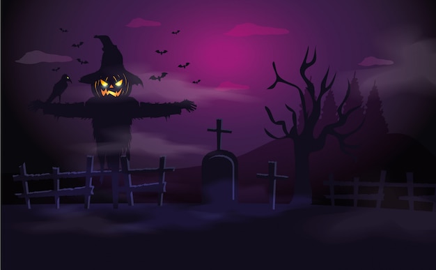 Бесплатное векторное изображение Пугало с могилой в сцене хэллоуина
