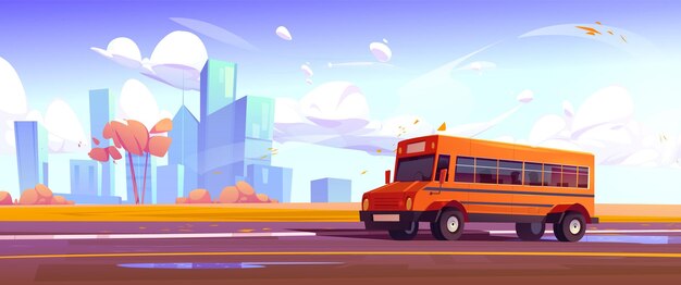 Школьный автобус на осенней городской улице иллюстрации