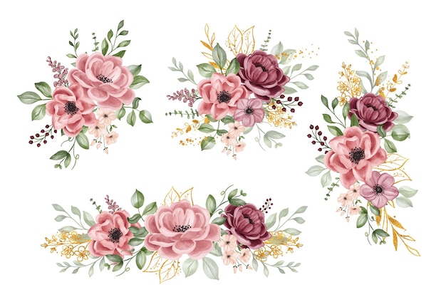 Бесплатное векторное изображение Набор цветочных композиций цветочные бордовые зеленые листья и золотая цветочная иллюстрация для свадебной открытки