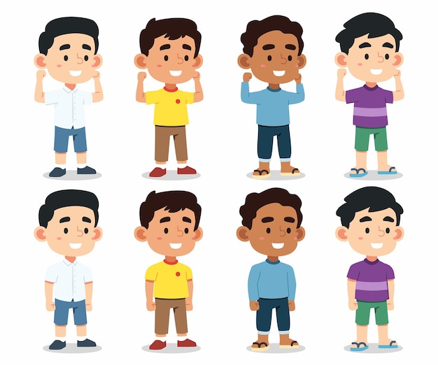 Free vector set of happy multiethnic preschool boys standing in different action