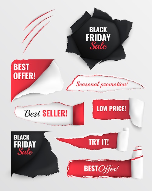 Free vector set of holes in white paper with torn sides and space for text about sale low price and best offer realistic