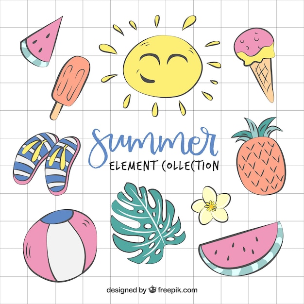 Free vector set of summer elements in hand drawn style