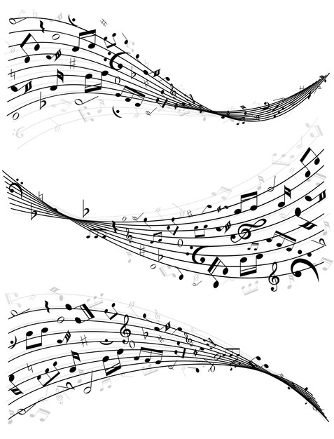 Set of three different wavy lines or staves of random scattered music notes in black and white