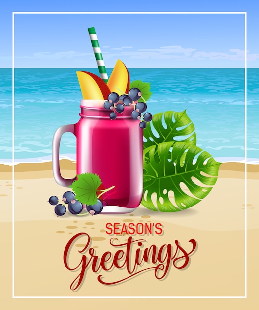 Бесплатное векторное изображение Сезоны поздравления с морским пляжным коктейлем и листьями.