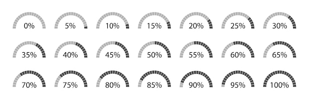Semicircle percentage diagrams for infographics, 0, 5, 10, 15, 20, 25, 30, 35, 40, 45, 50, 55, 60, 65, 70, 75, 80, 85, 90, 95, 100. Vector illustration.