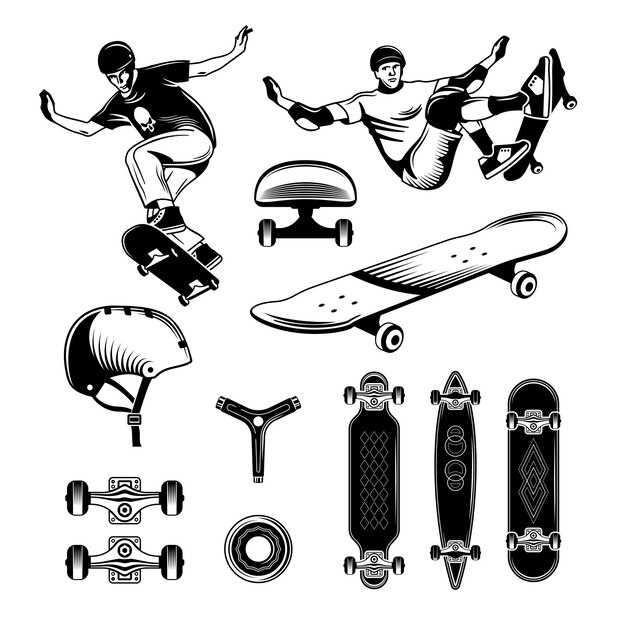 Skateboarding hand drawn engraving set with people engaged in extreme sports and different skateboards isolated vector illustration