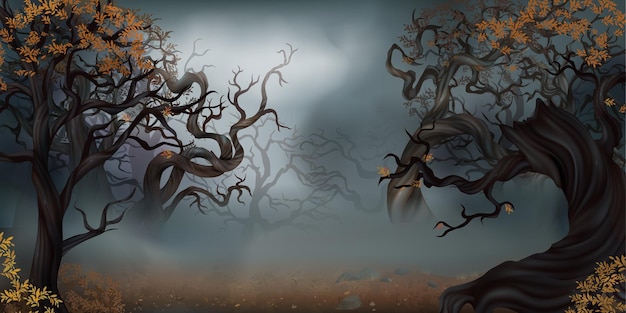 Бесплатное векторное изображение Жуткий хэллоуин осенний фэнтезийный лес в тумане реалистичный фон иллюстрации