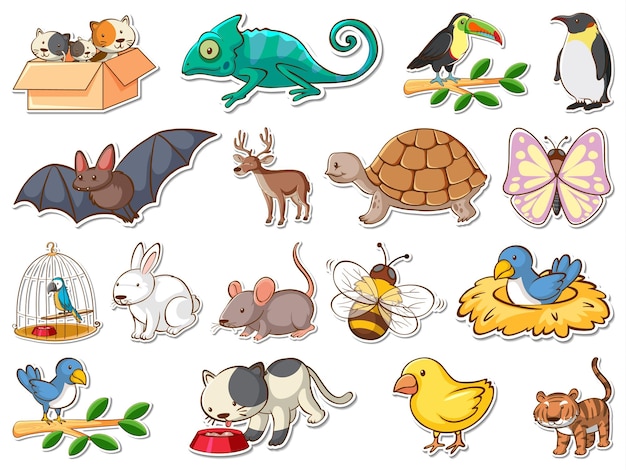Бесплатное векторное изображение Набор наклеек с мультяшными дикими животными