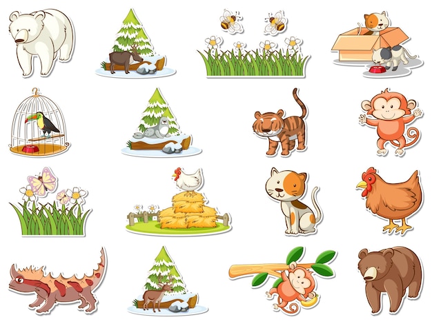 Бесплатное векторное изображение Набор наклеек с мультяшными дикими животными