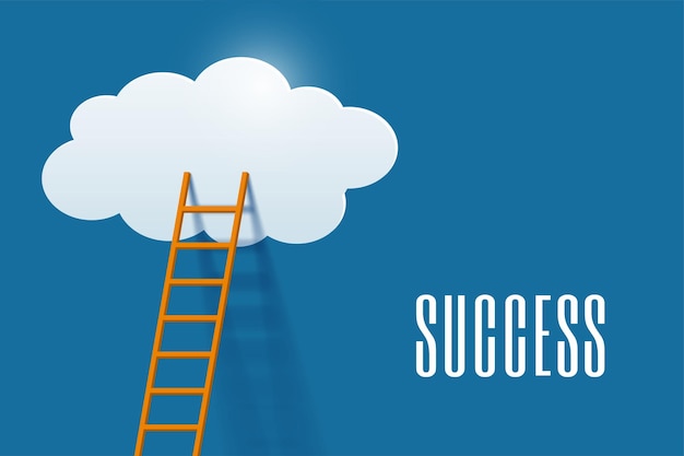 Free vector success and progress concept with wooden ladder leading to white cloud