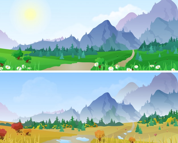 Бесплатное векторное изображение Летом и осенью горы пейзажи векторные иллюстрации.