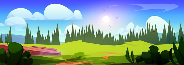 Бесплатное векторное изображение Летний долинный пейзаж с еловым лесом