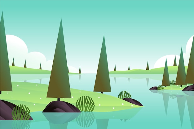 Free vector sunny day with river and trees in nature spring landscape