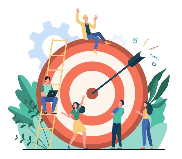 Free vector positive tiny people sitting and walking near huge target with arrow isolated flat vector illustration. cartoon business team achieving goal or aim. marketing strategy and achievement concept